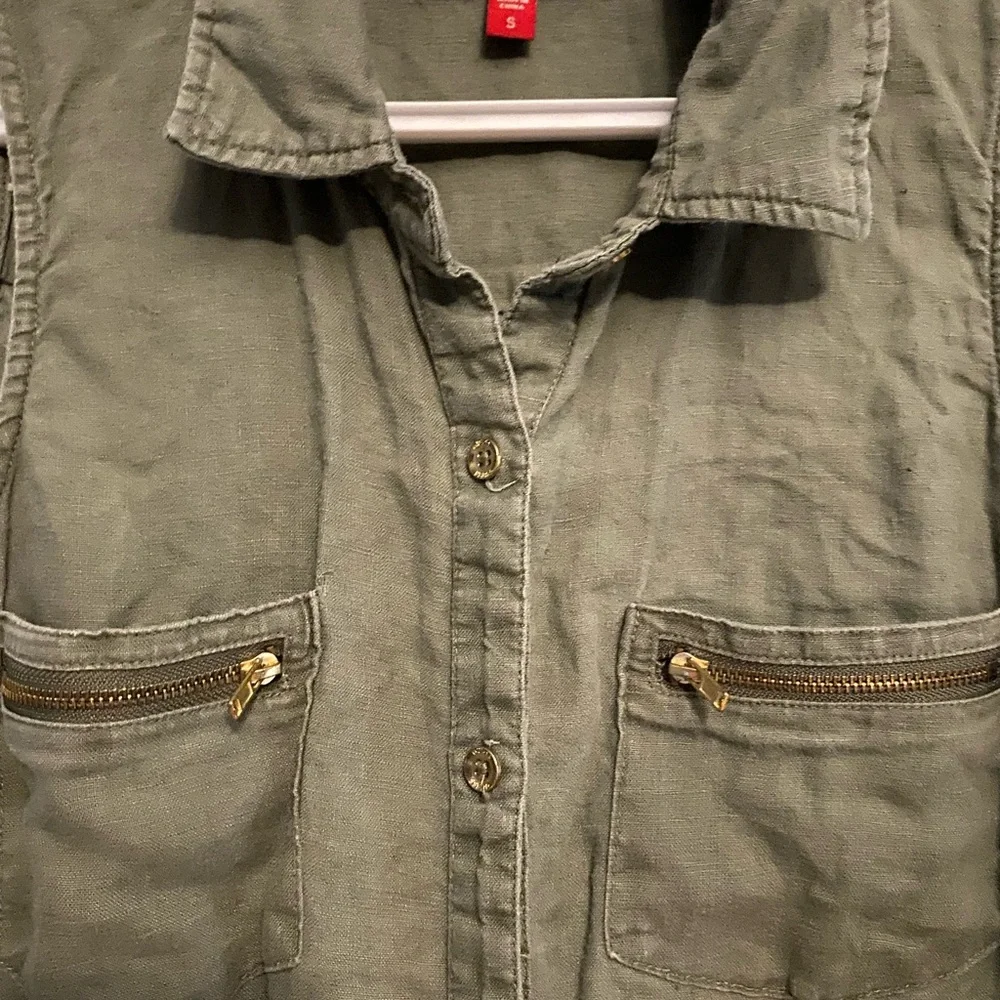 Guess 100% linen Army Green Sleeveless Collared Mini Dress - Picture 5 of 6